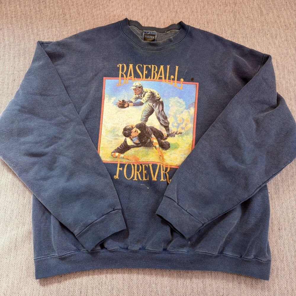 Vintage Tultex Baseball Forever Sweatshirt Mens XL Blue Graphic Crewneck USA